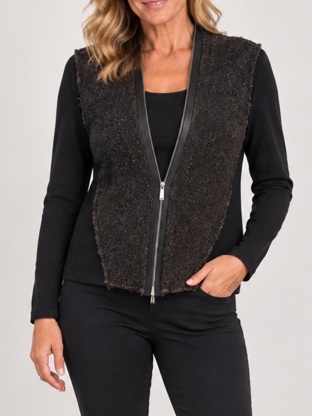 Elie Tahari Black Zip-Front Mixed-Media Jacket